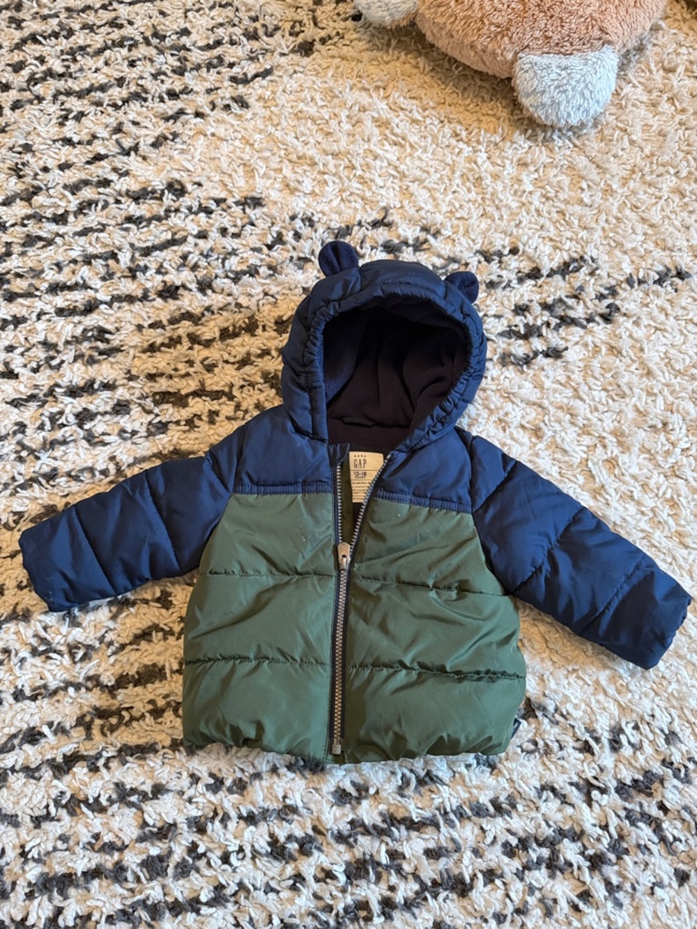 GAP baby two-tone navy and olive puffer jacket